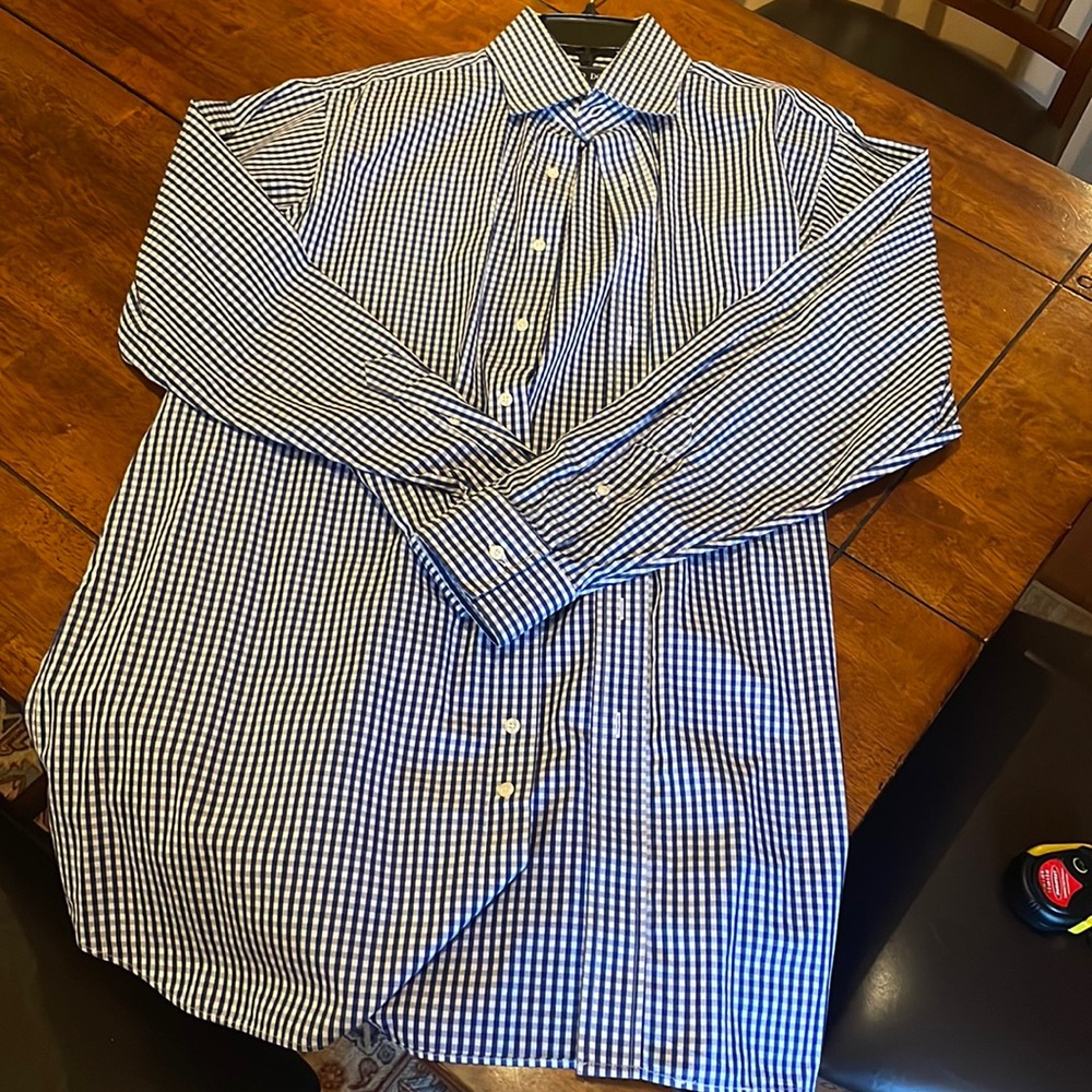 Sport shirt, 17 neck, custom fabric, navy gingham print, spread collar.